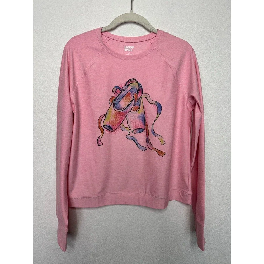 Lands End Girls XL Long Sleeve Shirt Pink Ballet Slippers Thump Holes Dance NWOT